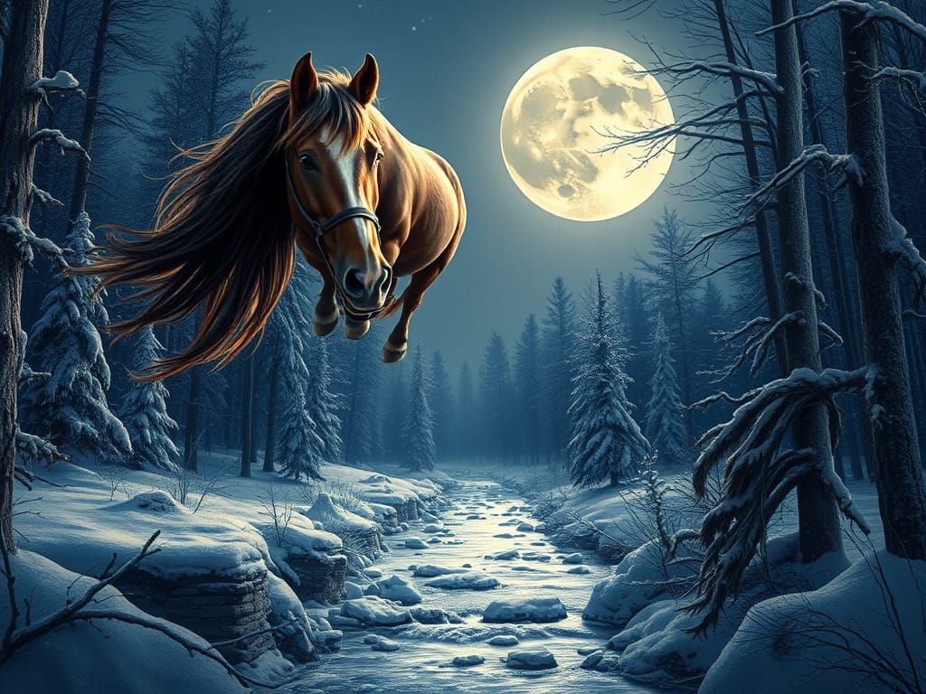 Photorealistic Gypsy Vanner Stallion in Snowy Forest