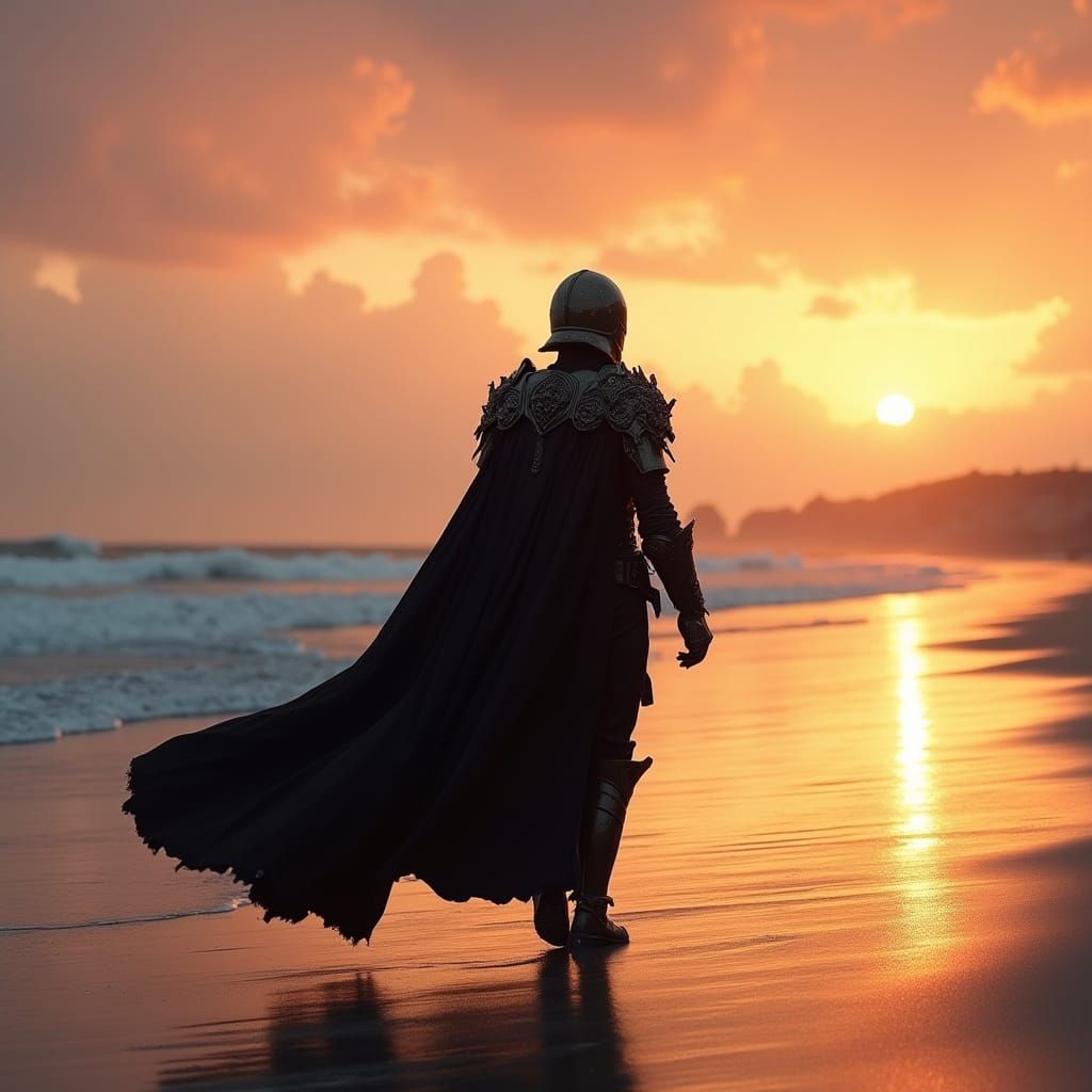 Ethereal Dark Knight Walks the Deserted Beach at Dusk