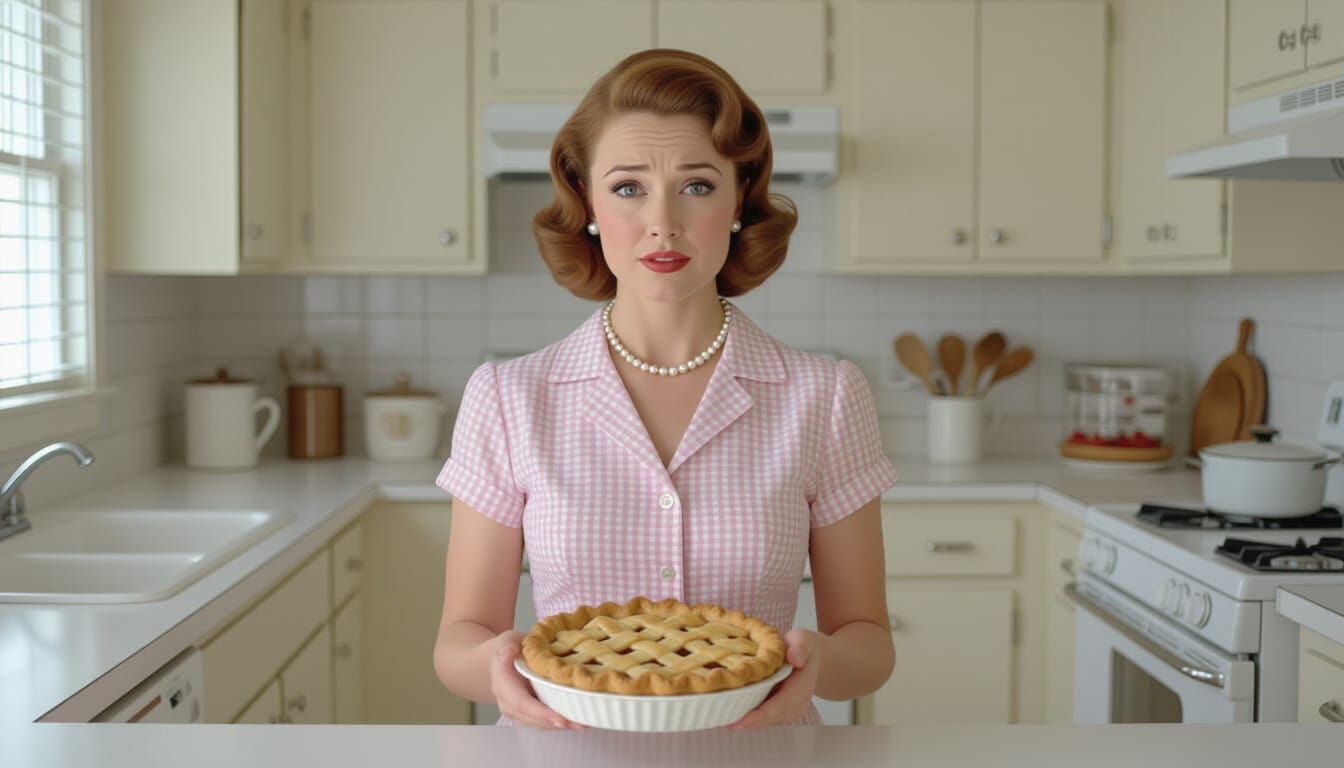 Hyperrealistic 1950s Woman in Kitchen with Pie