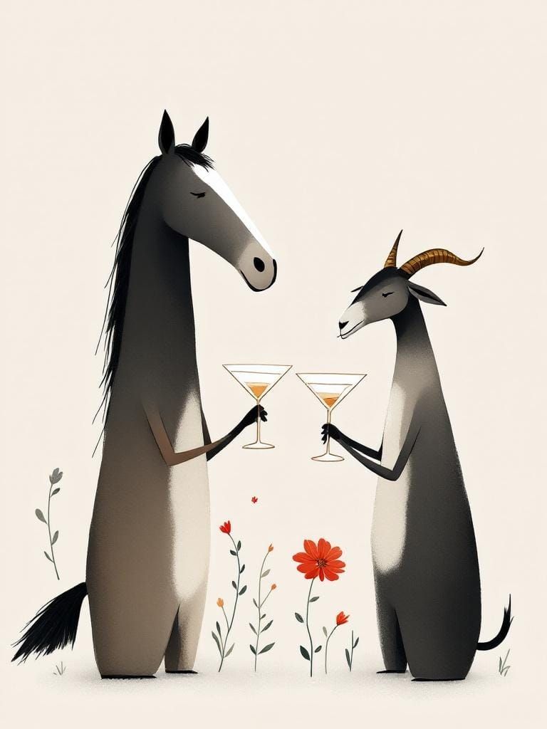 Abstract Horse and Goat Toasting with Martinis