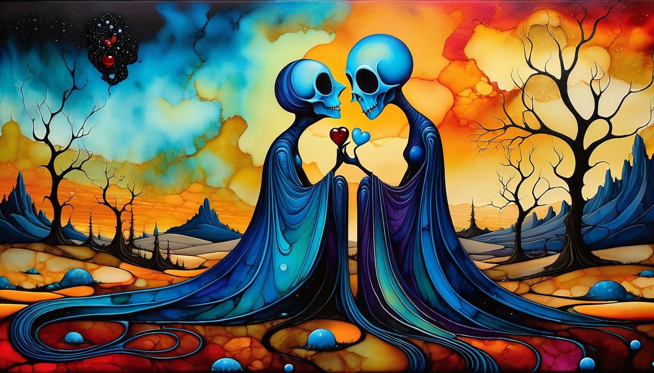 Surreal Kiss in Desolate Land: Alcohol Ink Painting