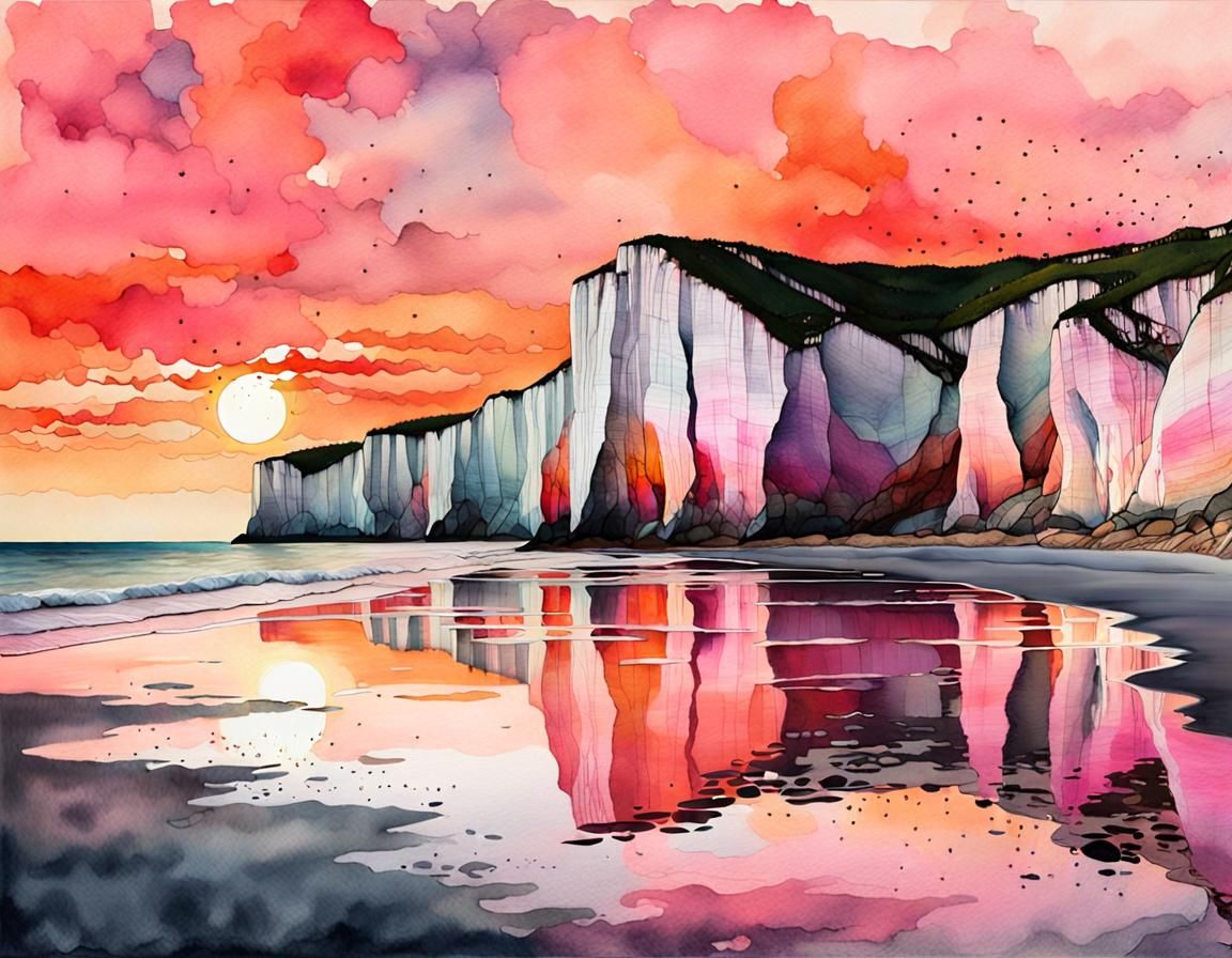 Dramatic Beach Sunset with White Cliffs