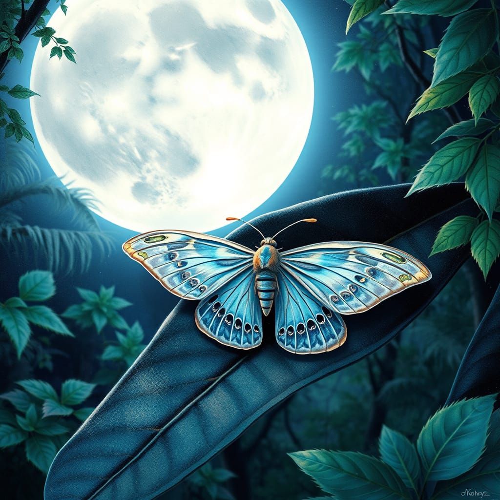 Luminous Moonlit Moth in Emerald Forest