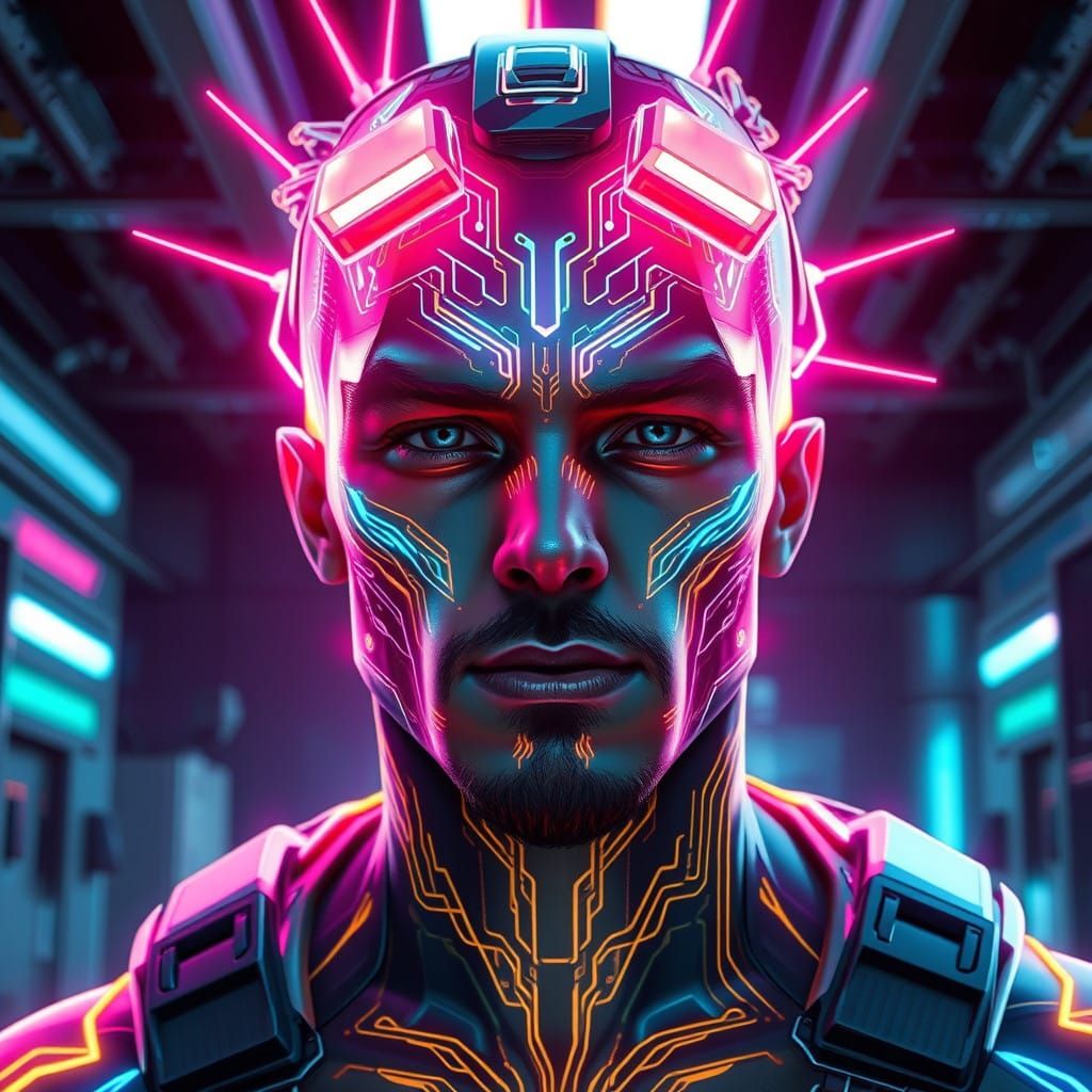 Low-poly art. Vibrant, neon-lit sci-fi illustration style. Glowing, circuit-like tattoos on superhero face. Iridescent, ...