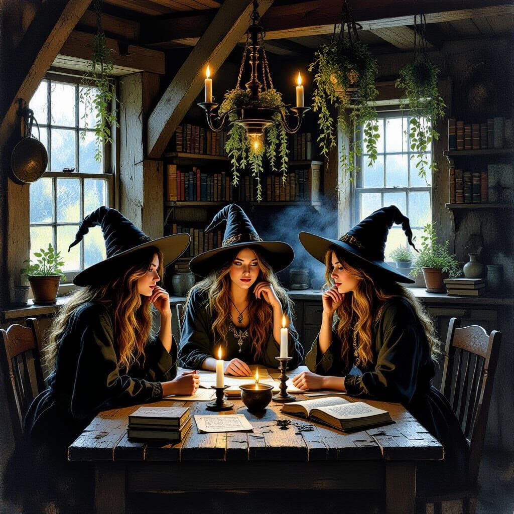 Witches Converse in Rustic Kitchen, Gouache Painting