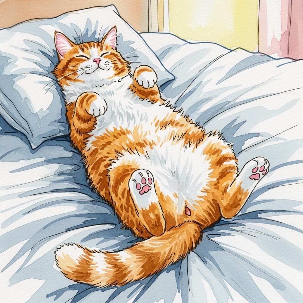 Orange Cat Sprawled on Bed in Watercolor Painting