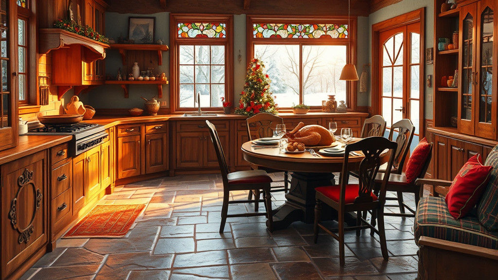 Rustic Winter Kitchen with Stained Glass in Photorealistic S...