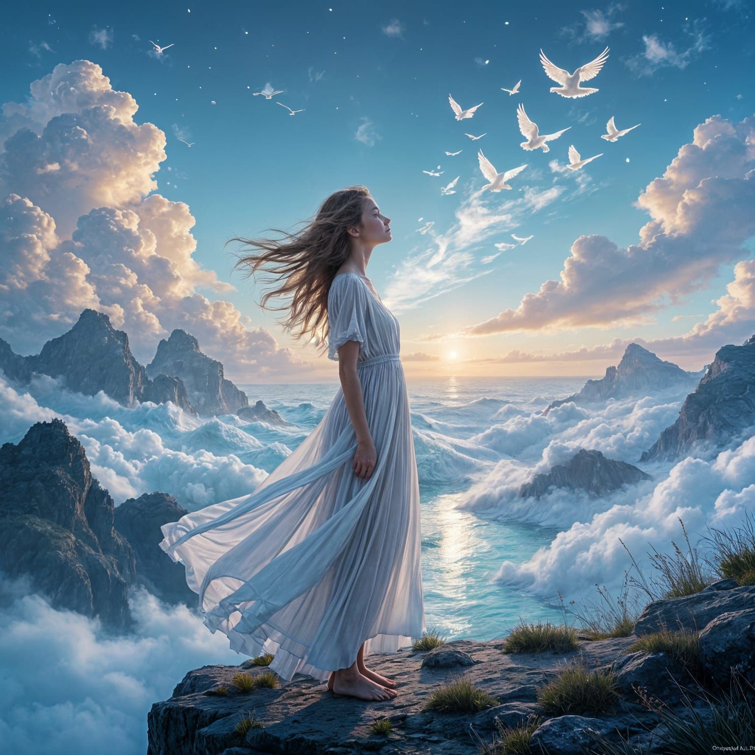 Girl Breathes Light on Cliffside