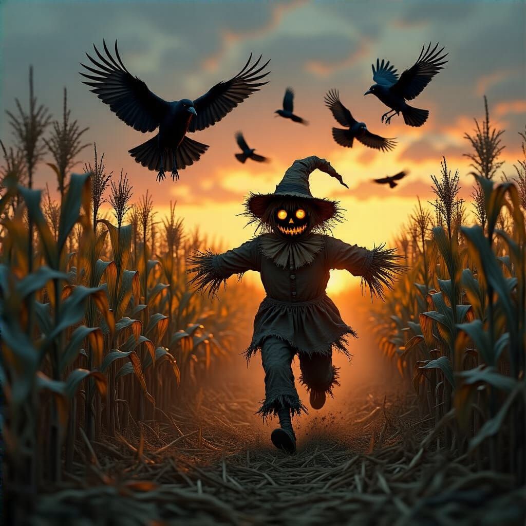 Scarecrow Flees Crows in Dramatic Dusk Cornfield