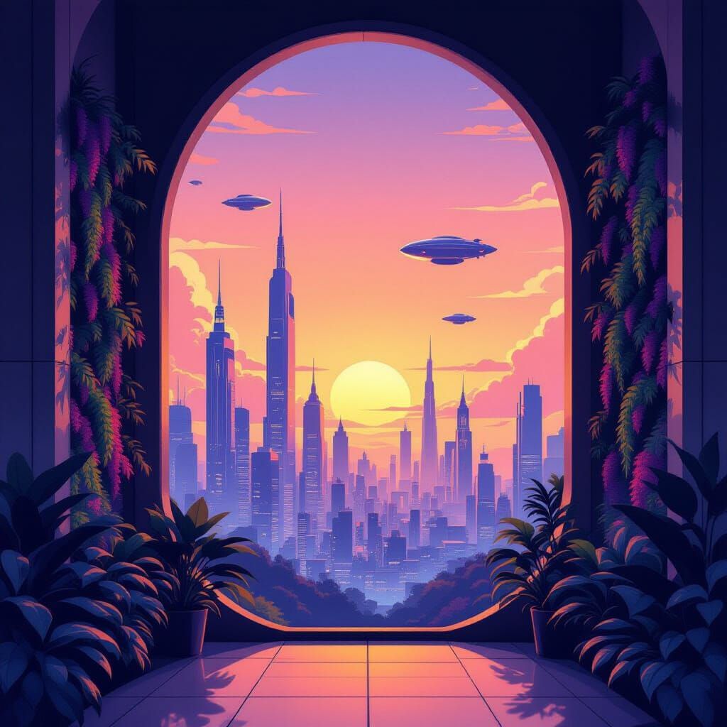 Futuristic Cityscape Through Arched Window, Vector Art