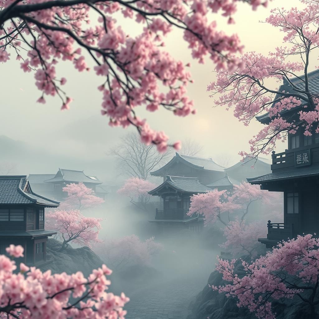 Japanese Village Veiled in Cherry Blossoms: Digital Art