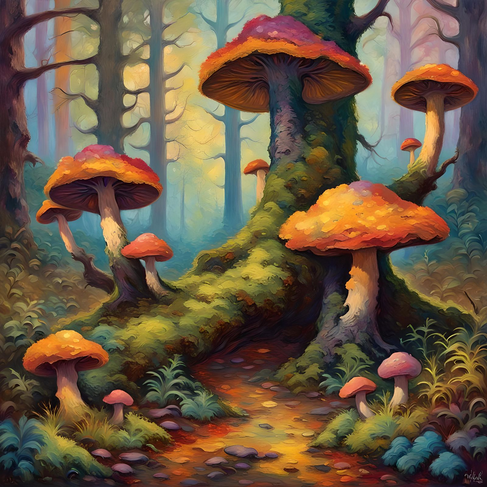 Vibrant Oil Painting of a Mossy Forest Floor