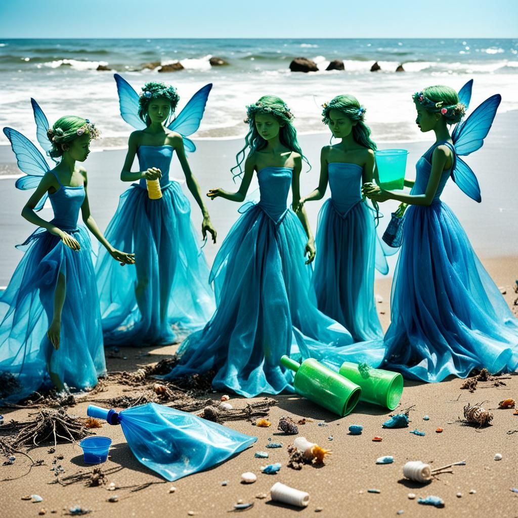 Surreal Sea Nymphs Clean Beach of Plastic