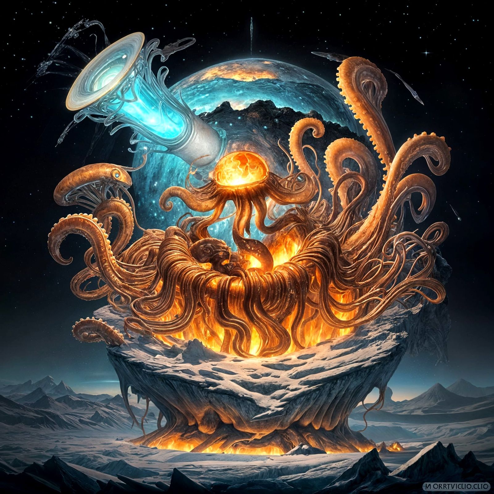 Surreal Cartoon of a Metal Squid in an Ice Volcano on Io