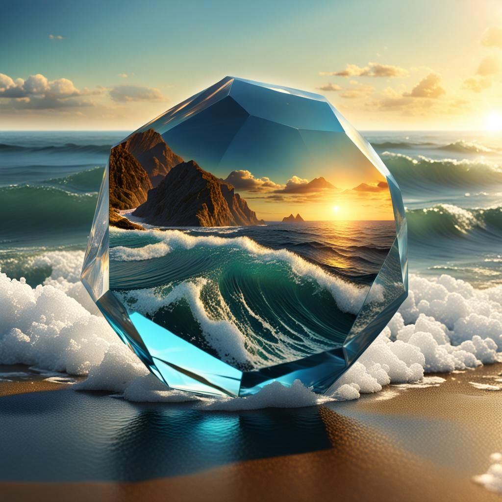 Crystal Buckyball Amidst Ocean Waves, Digital Art
