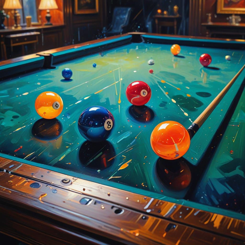 Gouache Painting of High-Tech Billiard Table with Glowing Ba...