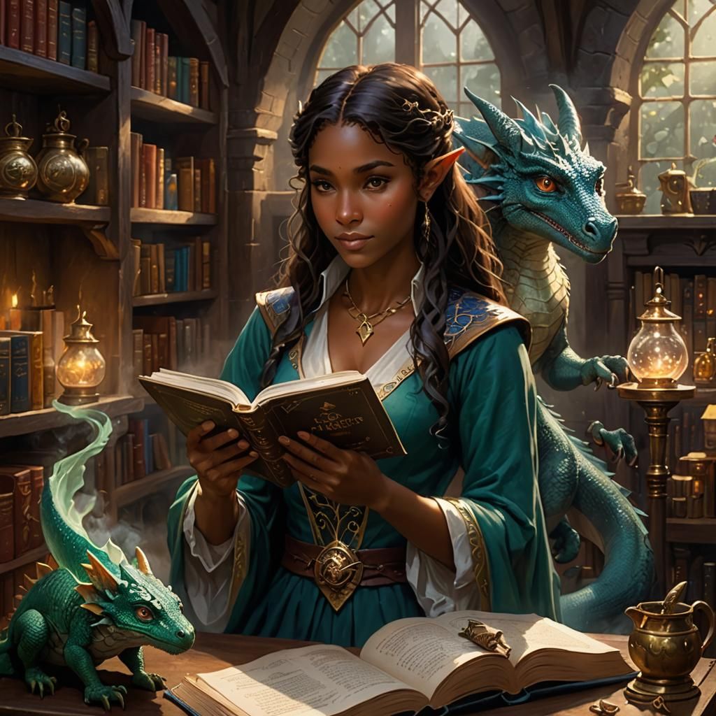 female half elf sorcerer with medium brown skin and freckles, reading a book in her magic shop. she has a very small pet...