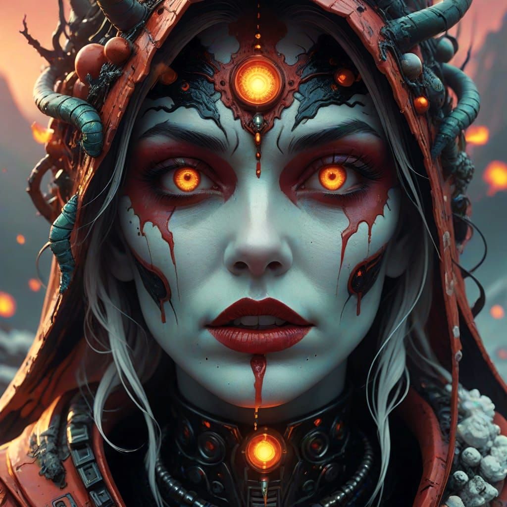 Demonic Goddess of Greed in Biopunk Synthwave Style