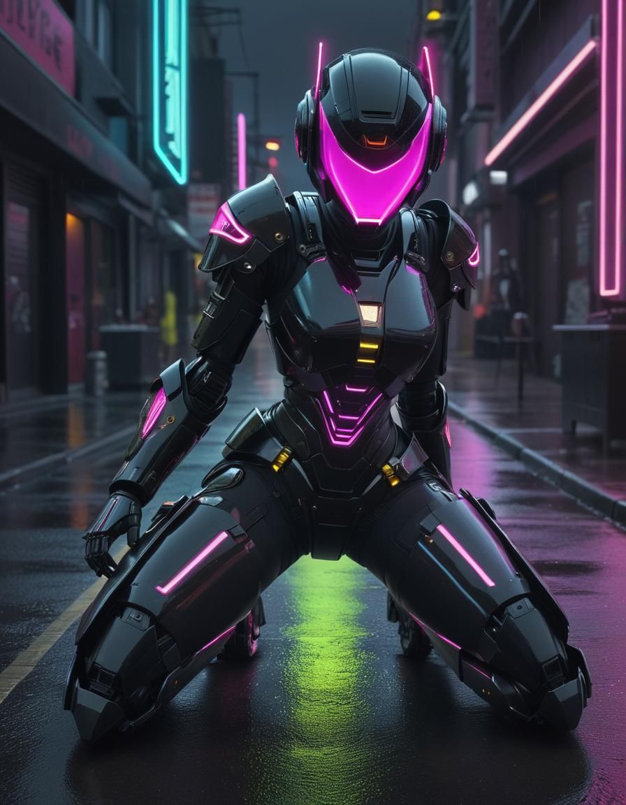 Neon Robot Kneeling in Rainy City Street
