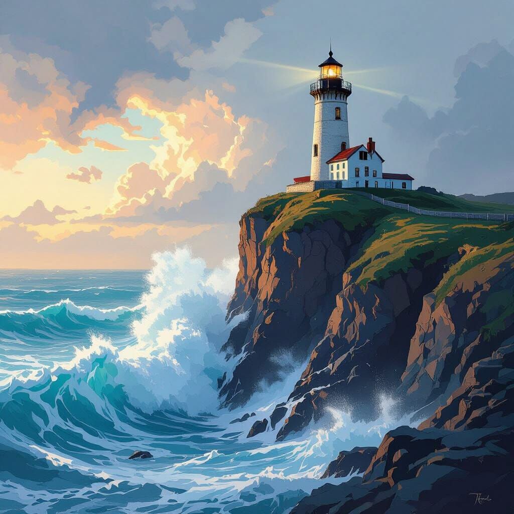 Dramatic Lighthouse on Cliff Amidst Crashing Waves