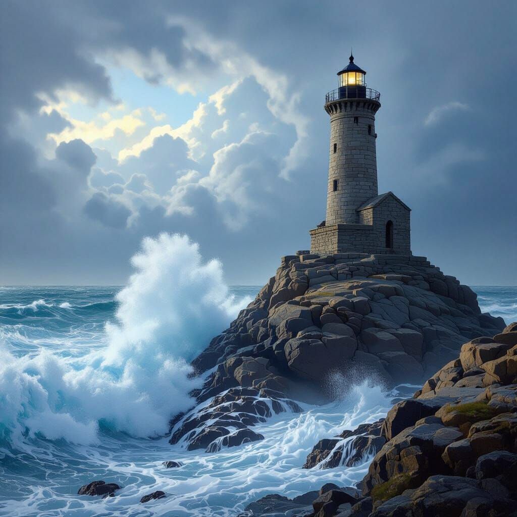 Dramatic Lighthouse on Cliff Edge Amidst Crashing Waves