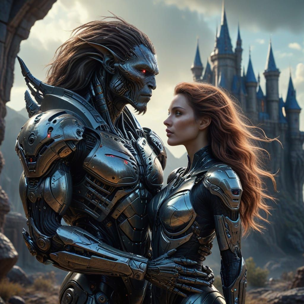 Cyborg and Fairy Embrace in Sci-Fi Landscape