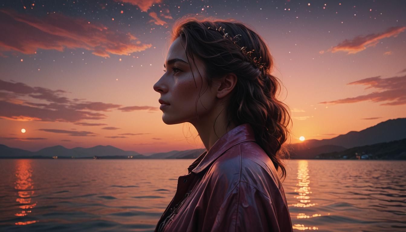 Perfil lateral de una mujer rasgos delicados con sublime cabello negro rizado largo que contempla pensativamente una vib...