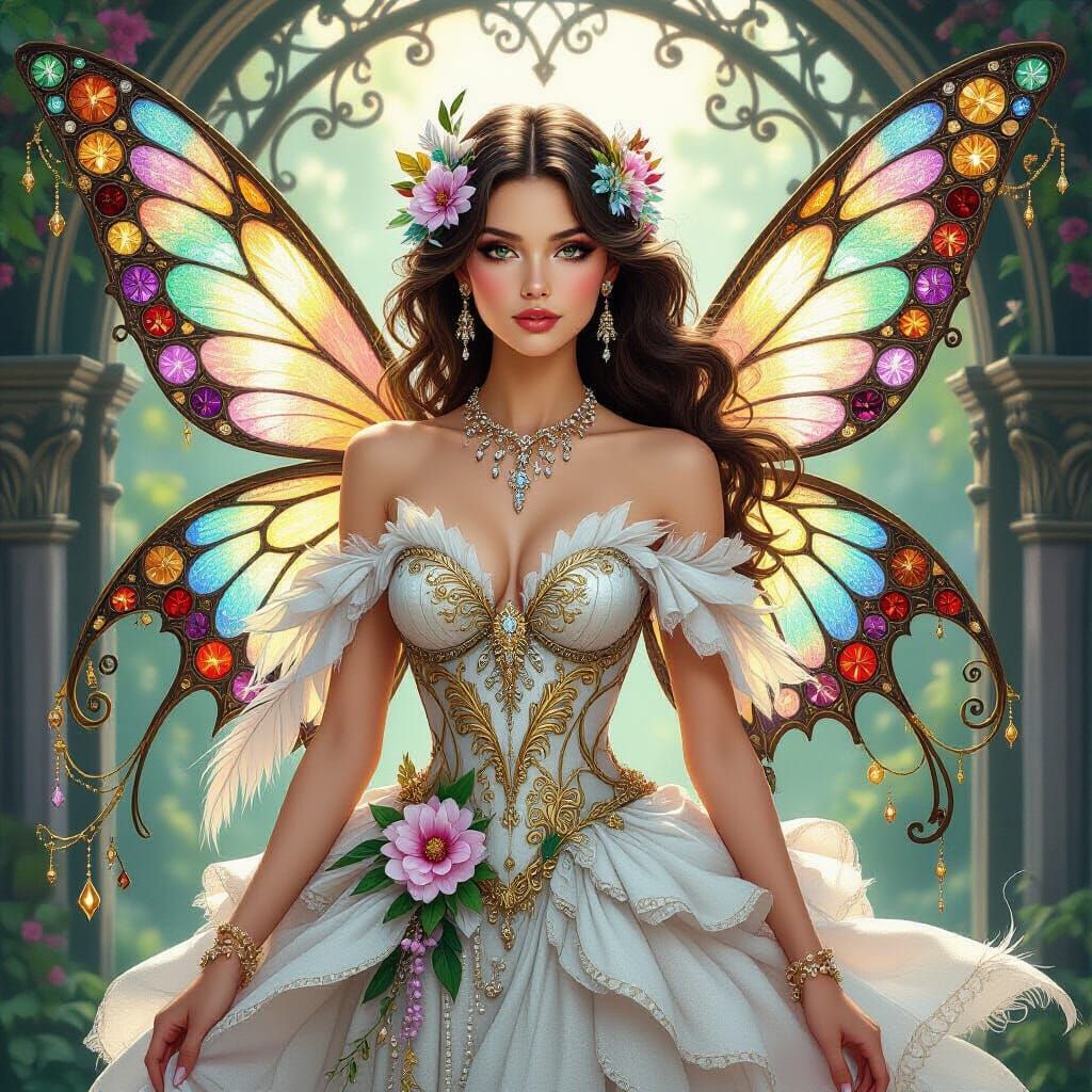 Elegant Fairy with Stained Glass Wings, Digital Art
