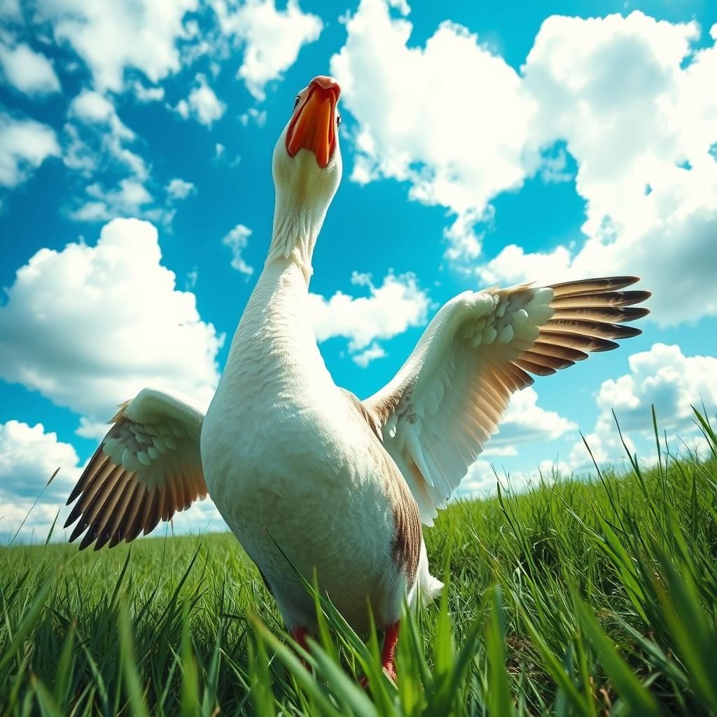 Goose Spreading Wings in Lush Meadow, Watercolor Style