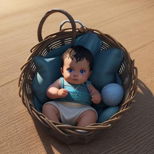 Baby in Basket with Blue Eyes: 3D Render
