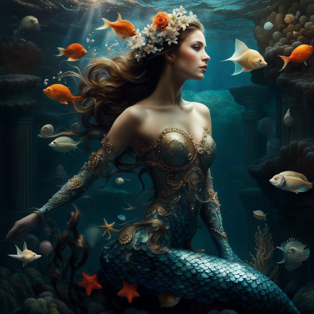 Ornate Mermaid with Aquatic Flowers in Hair