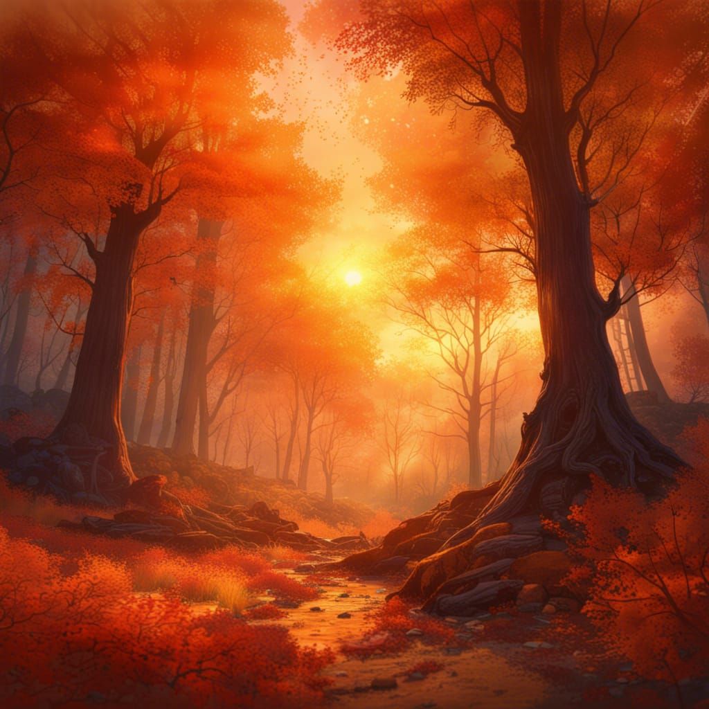 Ethereal Autumn Sunset in Watercolor Style