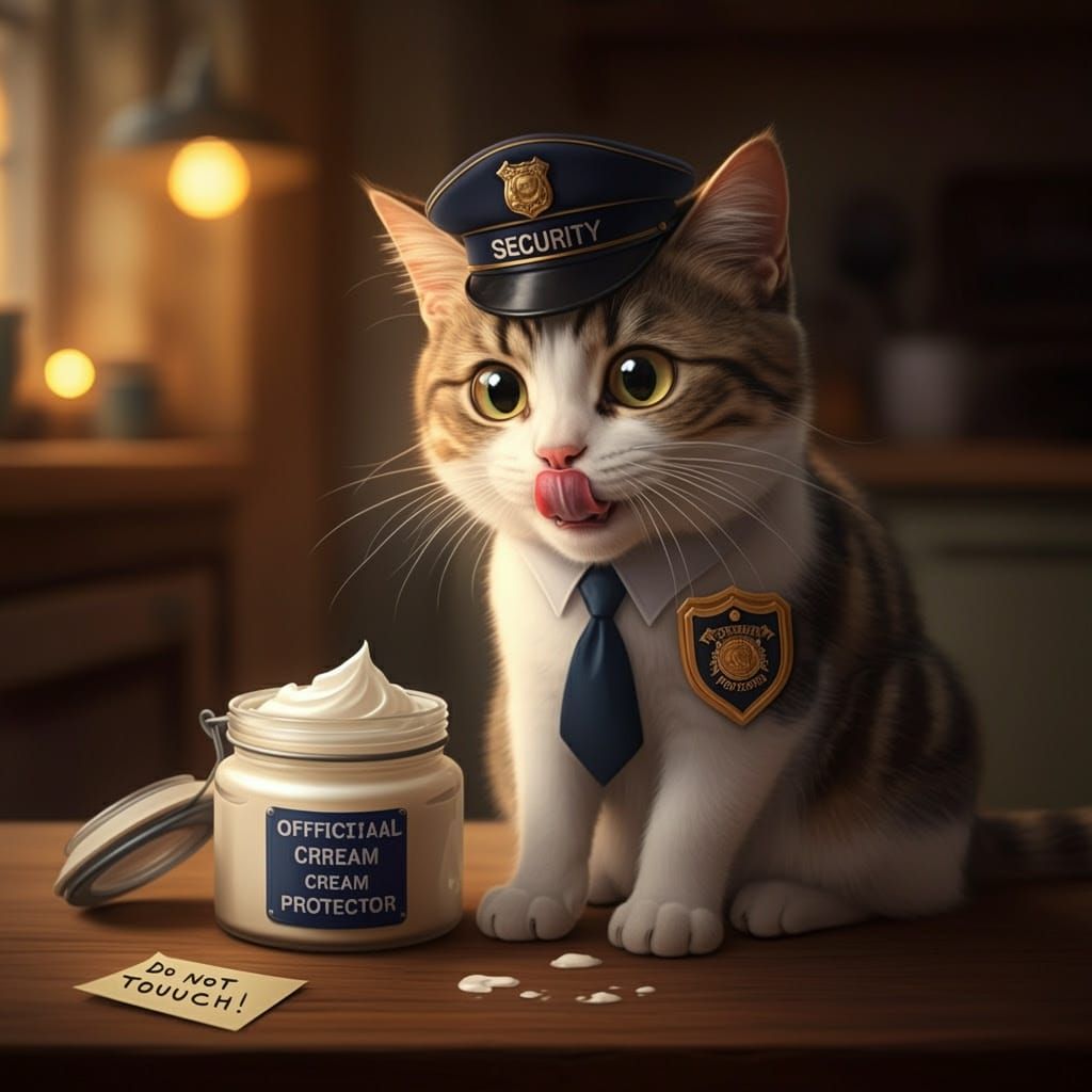 Playful Cat Guards Cream with Innocent Expression