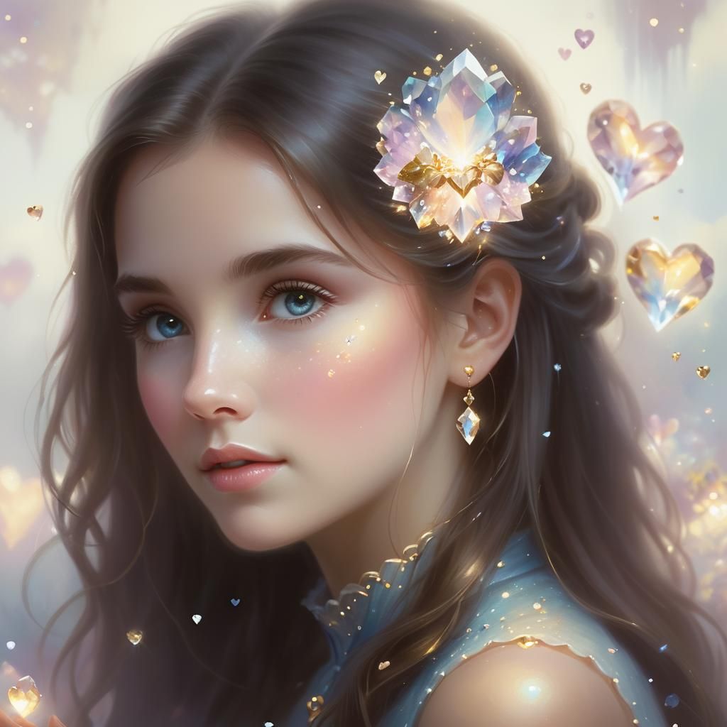 Ethereal Fantasy Art: Woman Creating Crystal Hearts