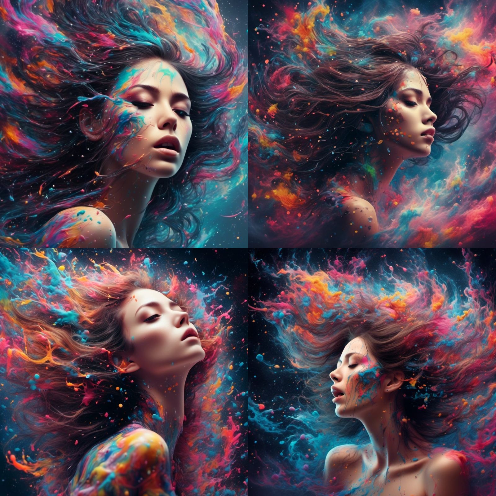 Airbrush Woman with Blowing Hair in Space Art Style