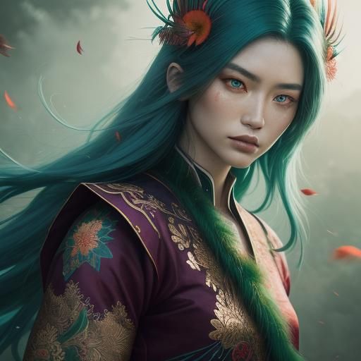 Asian Woman Portrait with Peacock Feather Eyelashes