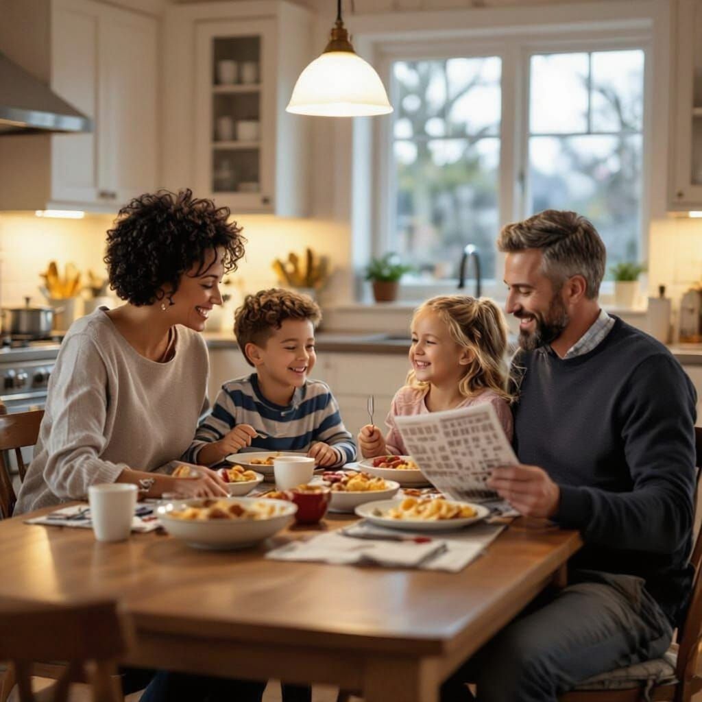 Family Dinner in Cozy Kitchen, Realistic Scene