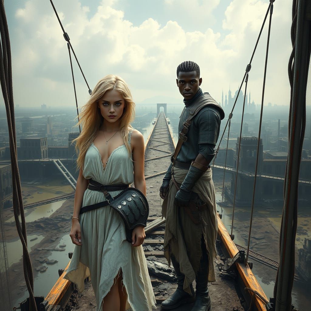 Elegance Amidst Ruin: Post-Apocalyptic Lovers on the Bridge