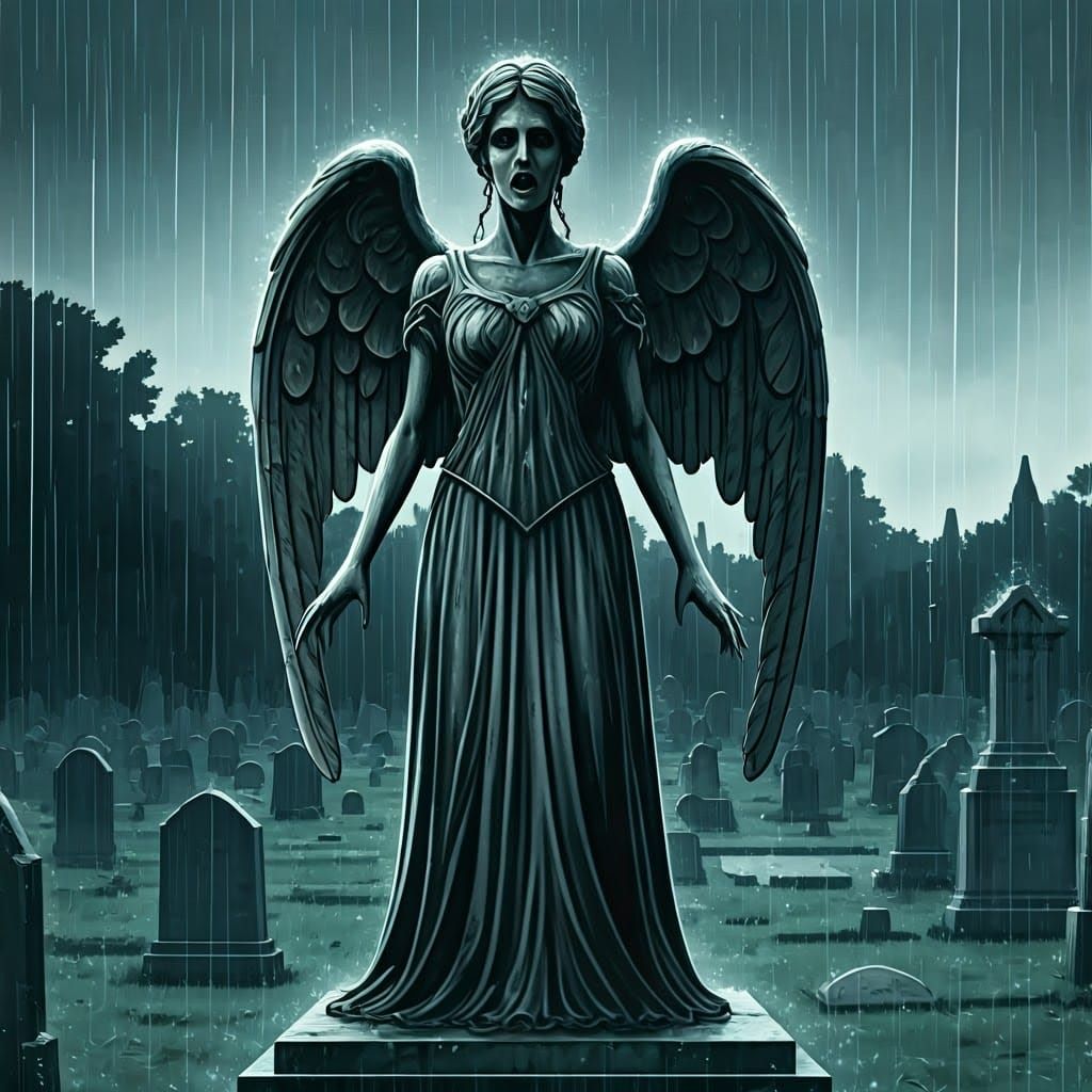 Weeping Angel in Rainy Cemetery, Watercolor Art