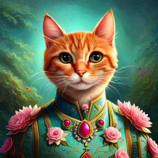 Cat in Jeweled Outfit with Floral Surroundings