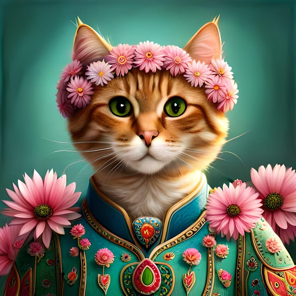 Cat in Jeweled Outfit with Flowers