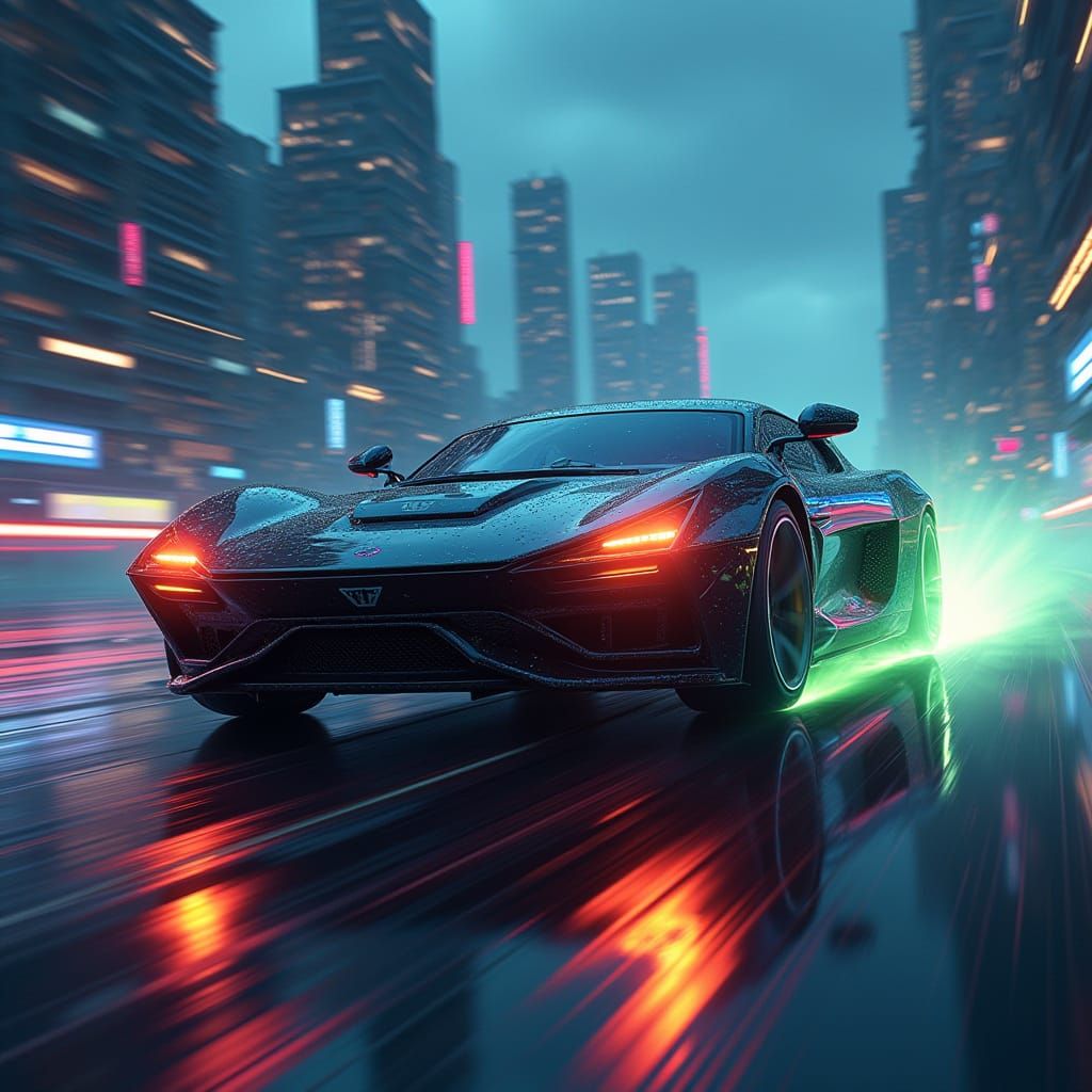 Cyberpunk Car Speeding Through a Dystopian Cityscape