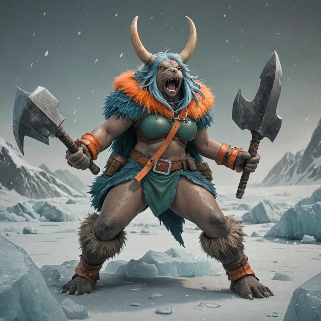 Walrus Monster Girl with War Hammer in Anime Style