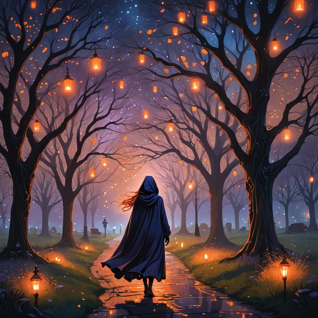 Ethereal Park Night: Girl Under Streetlight Glow