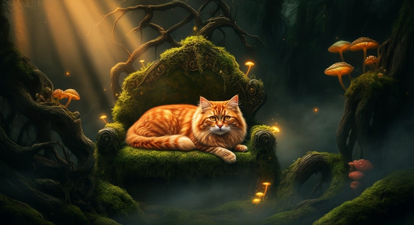 A majestic orange cat lounges on a moss-covered throne, surr...