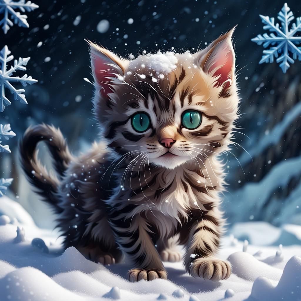 Kitten on Snowflake: Detailed Fantasy Concept Art