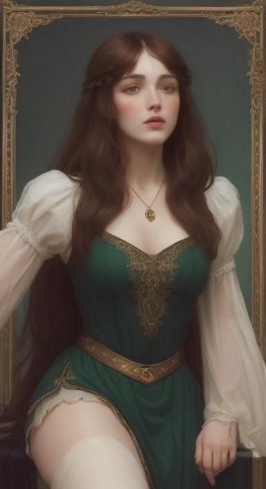 Maid Marian ruby accents on frame petite french model plump face medium length brown hair brown eyes 6'3" symmetrical -1...