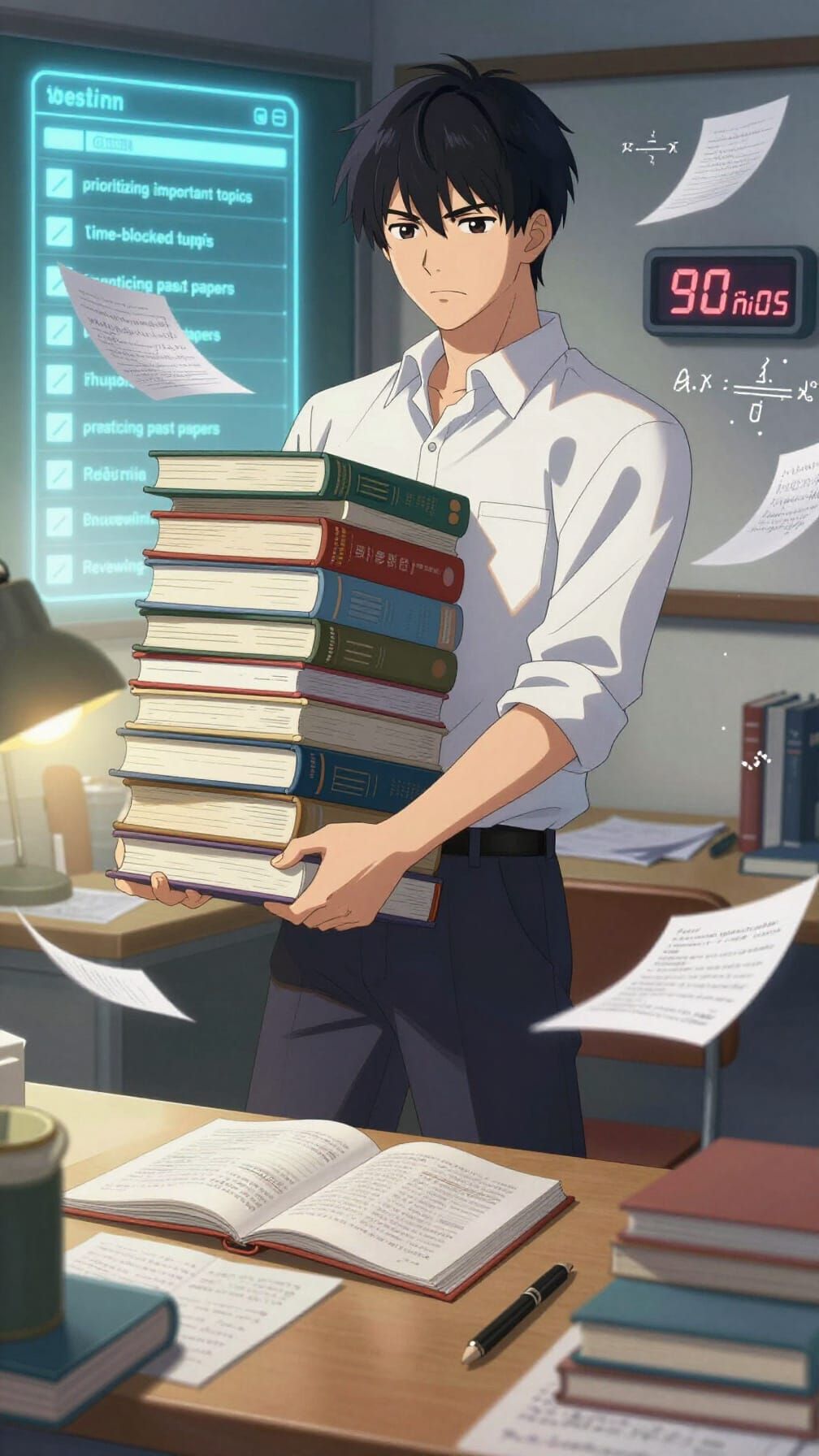 Anime Student Prepares for Exams with Books and Digital Task...
