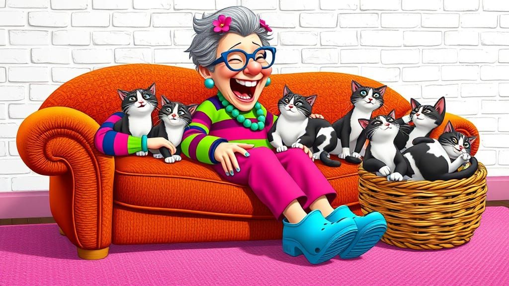 Comically Styled Elderly Woman in Vibrant Attire