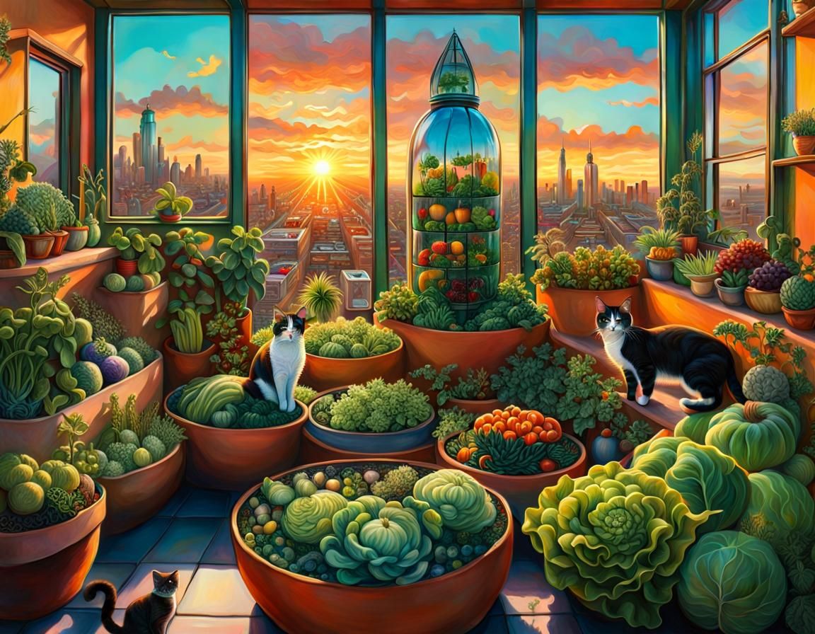 Maximalist Solarpunk Rooftop Garden with Cat